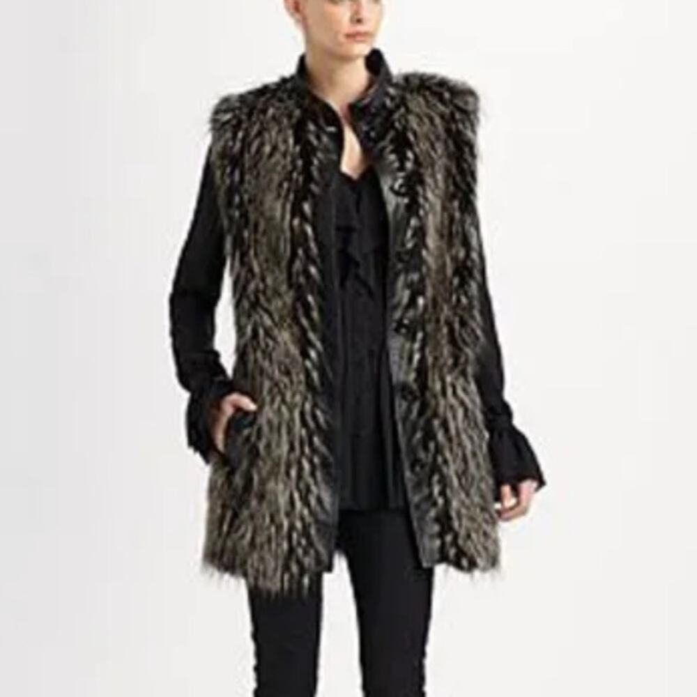 Rachel Zoe Faux Fur Long Vest Leather Trim Black Tan size 4